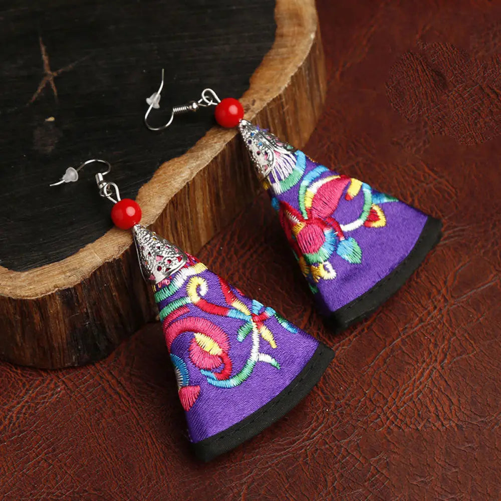 Buddha Stones Handmade Fan-shaped Yi Embroidery Harmony Earrings - Purple(Alloy Posts) - Earrings