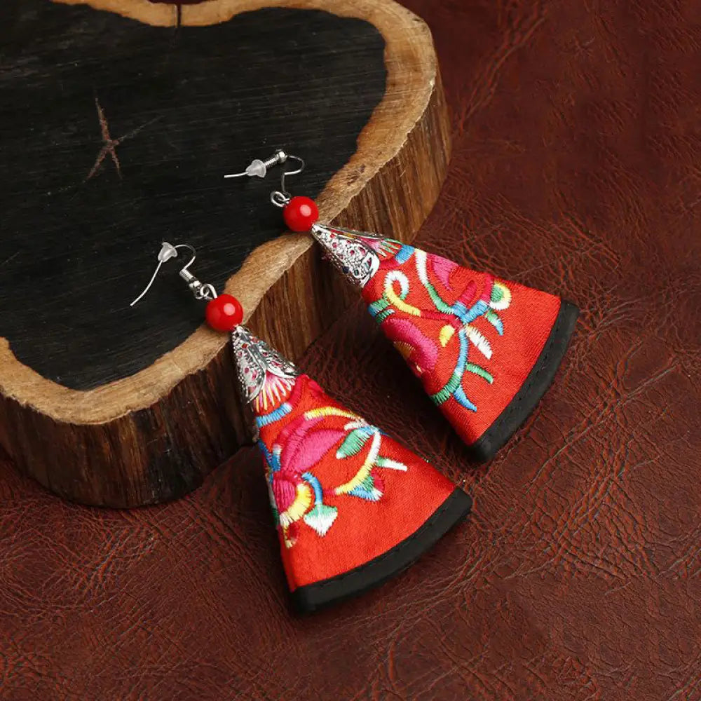Buddha Stones Handmade Fan-shaped Yi Embroidery Harmony Earrings - Red(Alloy Posts) - Earrings