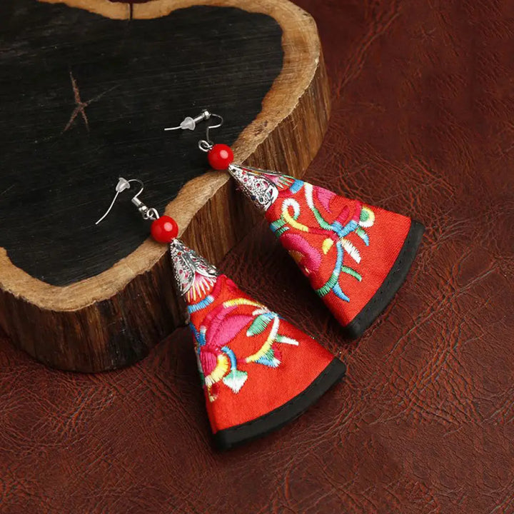 Buddha Stones Handmade Fan-shaped Yi Embroidery Harmony Earrings - Red(Alloy Posts) - Earrings