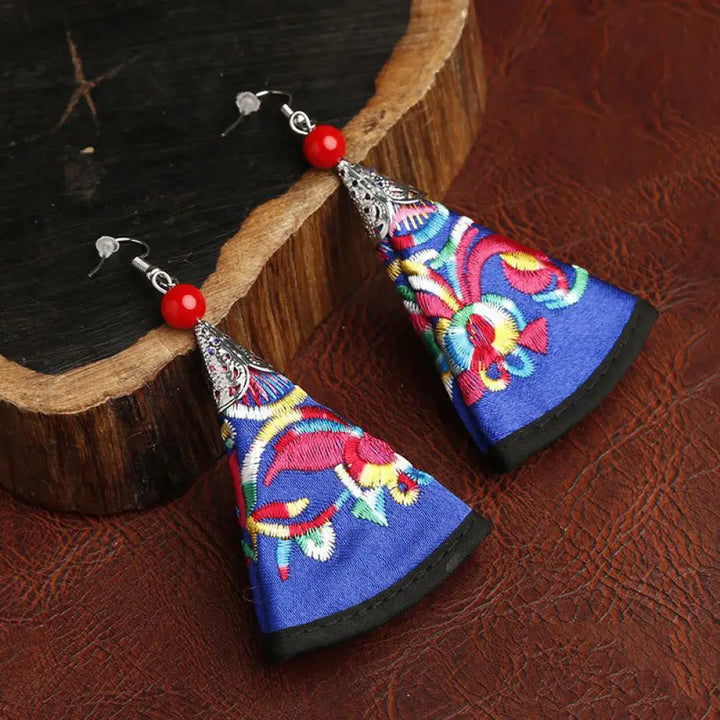 Buddha Stones Handmade Fan-shaped Yi Embroidery Harmony Earrings - Royal Blue(Alloy Posts) - Earrings
