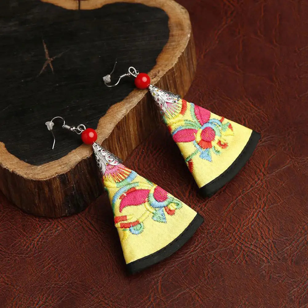 Buddha Stones Handmade Fan-shaped Yi Embroidery Harmony Earrings - Yellow(Alloy Posts) - Earrings