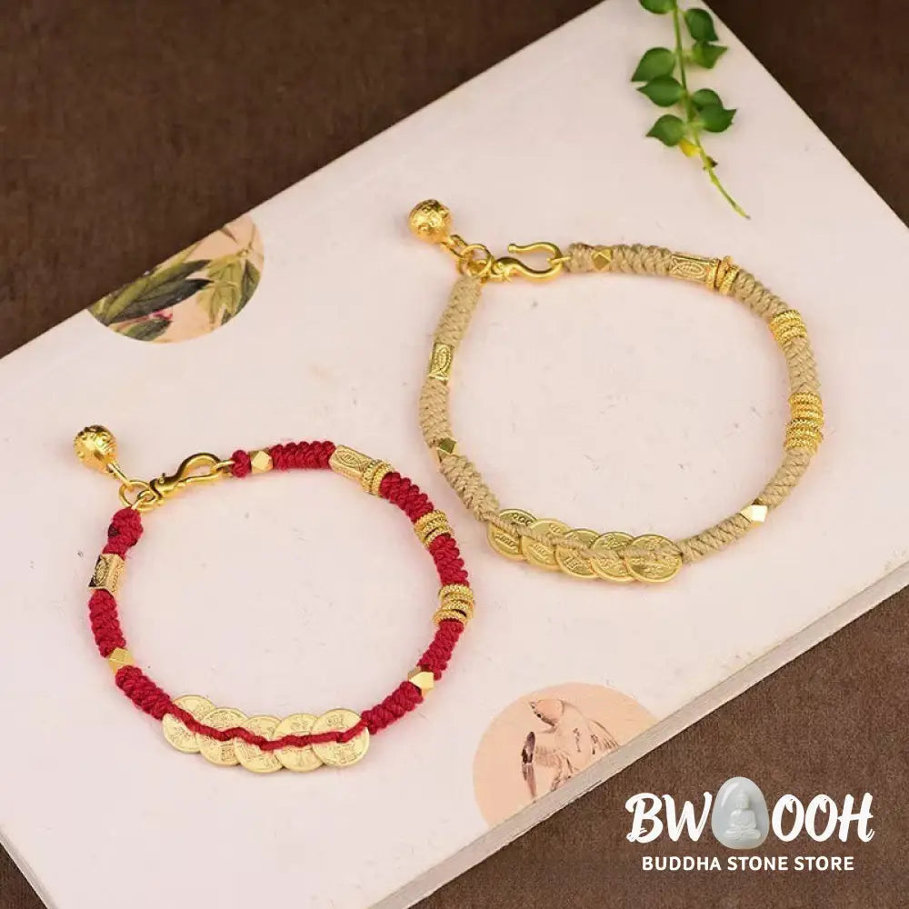 Buddha Stones Handmade Five Emperor Coins Wealth String Braided Bracelet - Bracelet