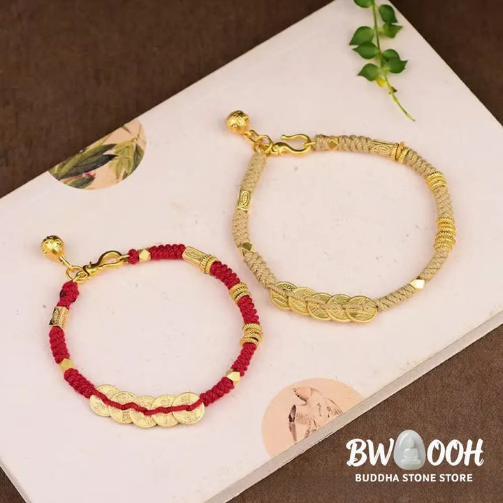 Buddha Stones Handmade Five Emperor Coins Wealth String Braided Bracelet - Bracelet