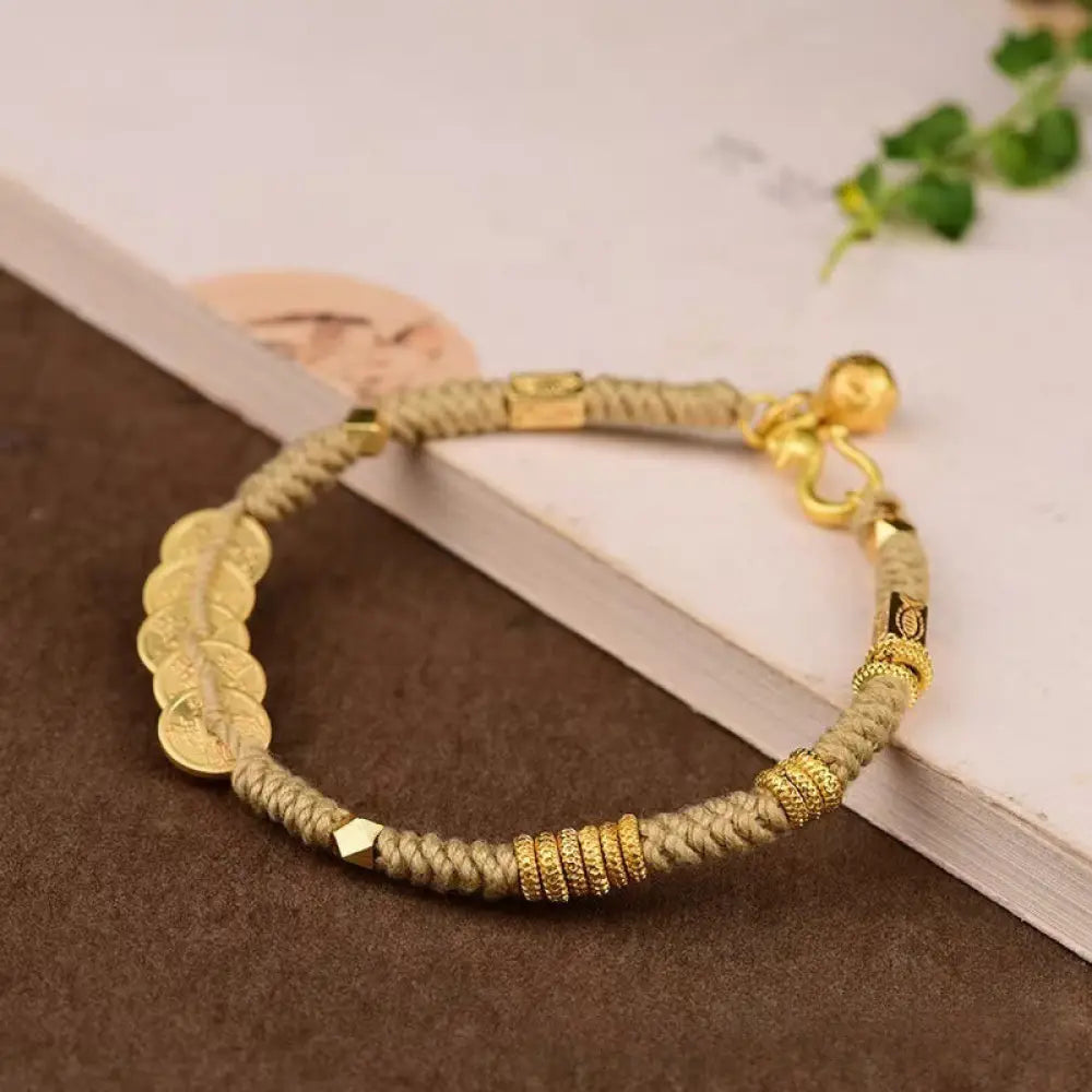 Buddha Stones Handmade Five Emperor Coins Wealth String Braided Bracelet - Yellow Rope(Wrist Circumference: 15-19cm)