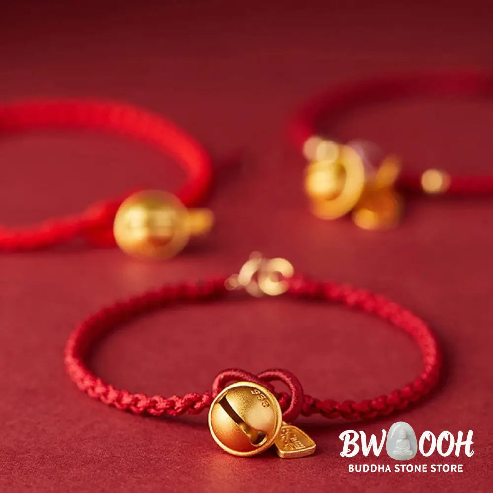 Buddha Stones Handmade Fu Character Charm Luck Happiness Bell Red Rope Bracelet - Bracelet