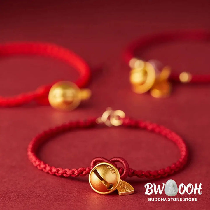 Buddha Stones Handmade Fu Character Charm Luck Happiness Bell Red Rope Bracelet - Bracelet