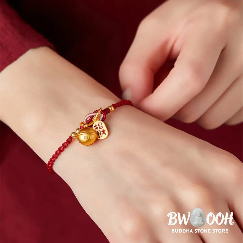 Buddha Stones Handmade Fu Character Charm Luck Happiness Bell Red Rope Bracelet - Bracelet