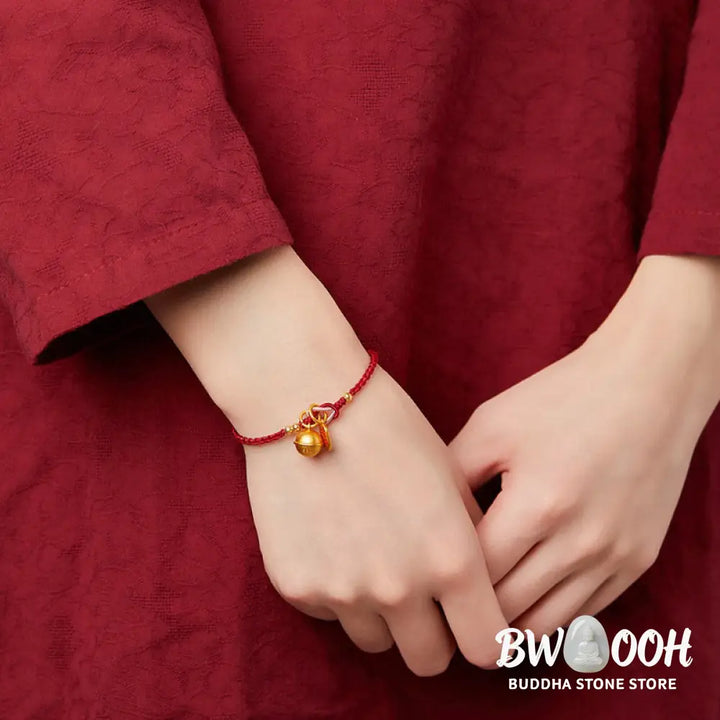 Buddha Stones Handmade Fu Character Charm Luck Happiness Bell Red Rope Bracelet - Bracelet