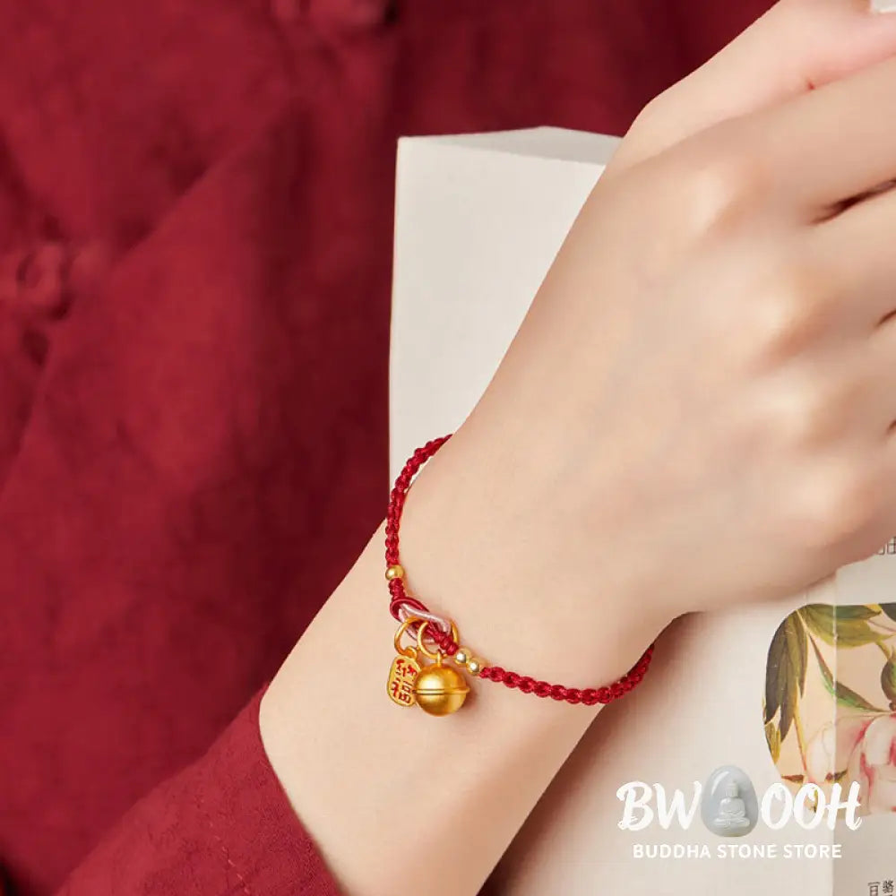 Buddha Stones Handmade Fu Character Charm Luck Happiness Bell Red Rope Bracelet - Bracelet
