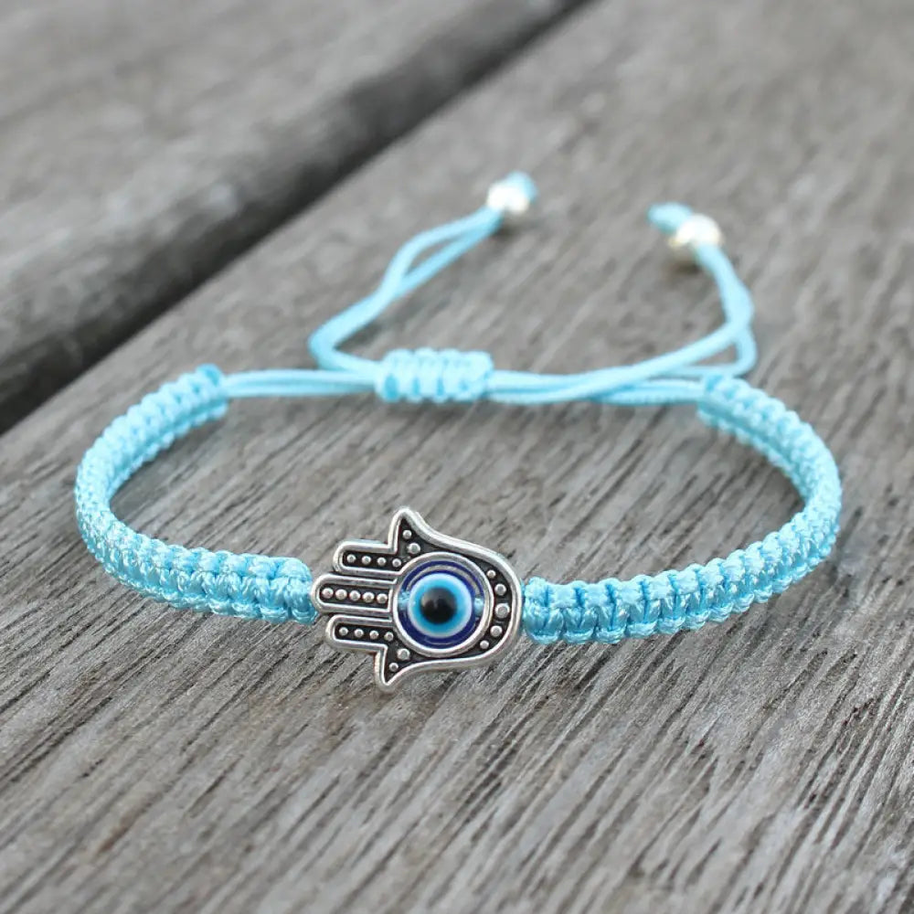 Buddha Stones Handmade Hamsa Symbol Protection Luck String Bracelet - BWOOOH - Aqua(Bracelet Size 16-24cm) - Bracelet