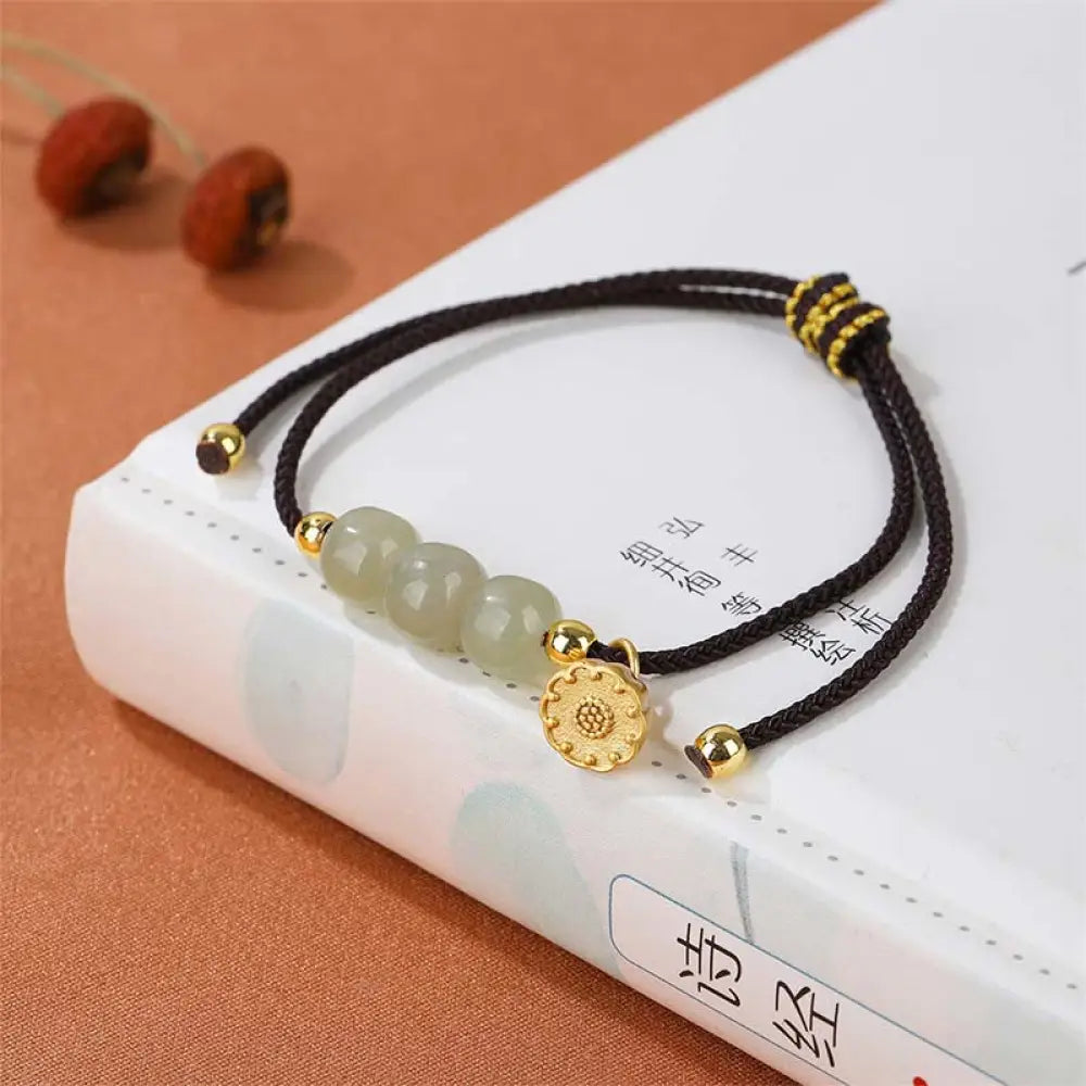 BWOOOH Handmade Hetian Jade Bead Lotus Pod Prosperity Luck Braided Bracelet - Black Rope(Wrist Circumference