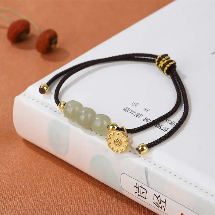 BWOOOH Handmade Hetian Jade Bead Lotus Pod Prosperity Luck Braided Bracelet - Black Rope(Wrist Circumference