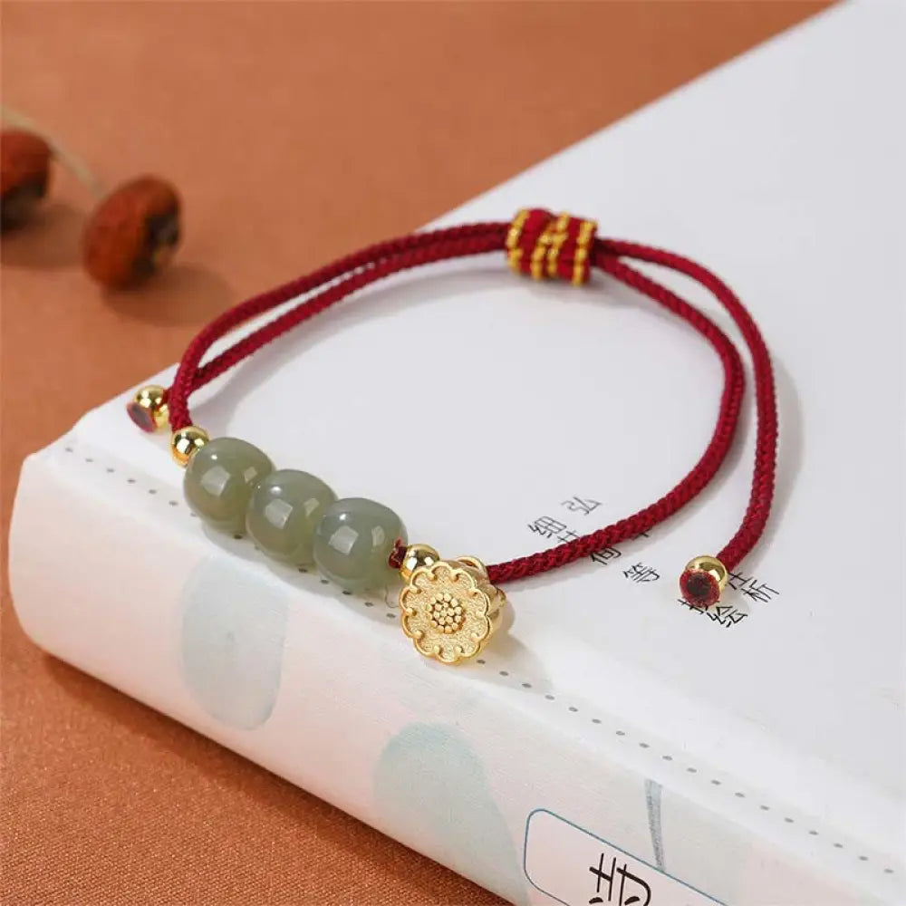 BWOOOH Handmade Hetian Jade Bead Lotus Pod Prosperity Luck Braided Bracelet - Red Rope(Wrist Circumference