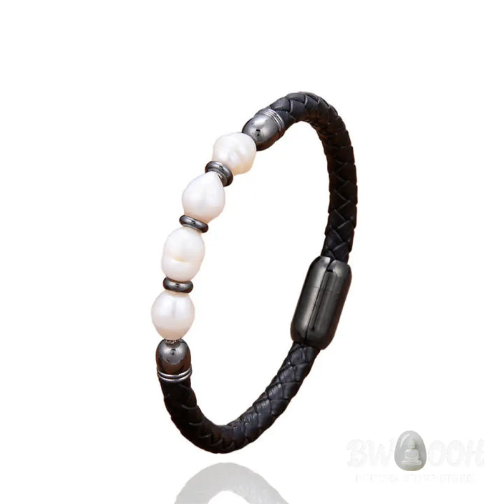 Buddha Stones Handmade Irregular Shaped Pearls Healing Leather Titanium Steel Buckle Bracelet - Bracelet