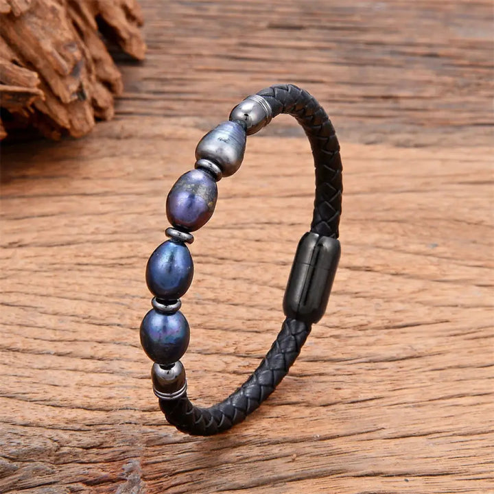 Buddha Stones Handmade Irregular Shaped Pearls Healing Leather Titanium Steel Buckle Bracelet - Gray Pearl-Black