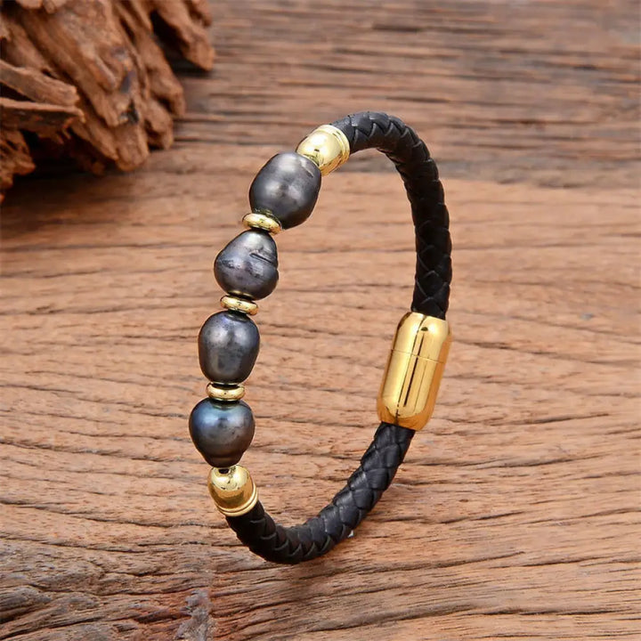 BWOOOH Handmade Irregular Shaped Pearls Healing Leather Titanium Steel Buckle Bracelet - Gray Pearl-Gold