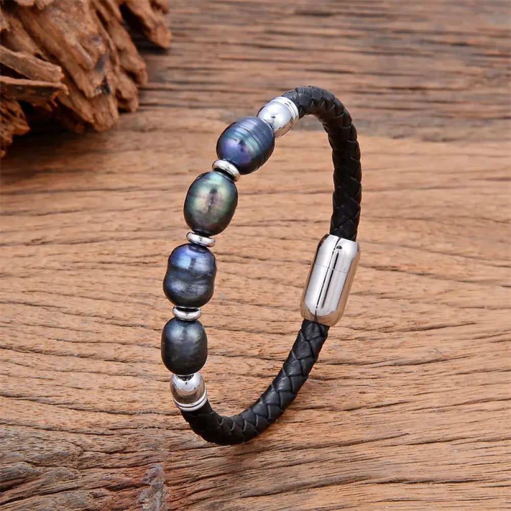Buddha Stones Handmade Irregular Shaped Pearls Healing Leather Titanium Steel Buckle Bracelet - Gray Pearl-Silver