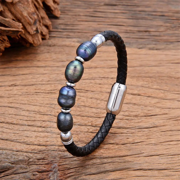 Buddha Stones Handmade Irregular Shaped Pearls Healing Leather Titanium Steel Buckle Bracelet - Gray Pearl-Silver