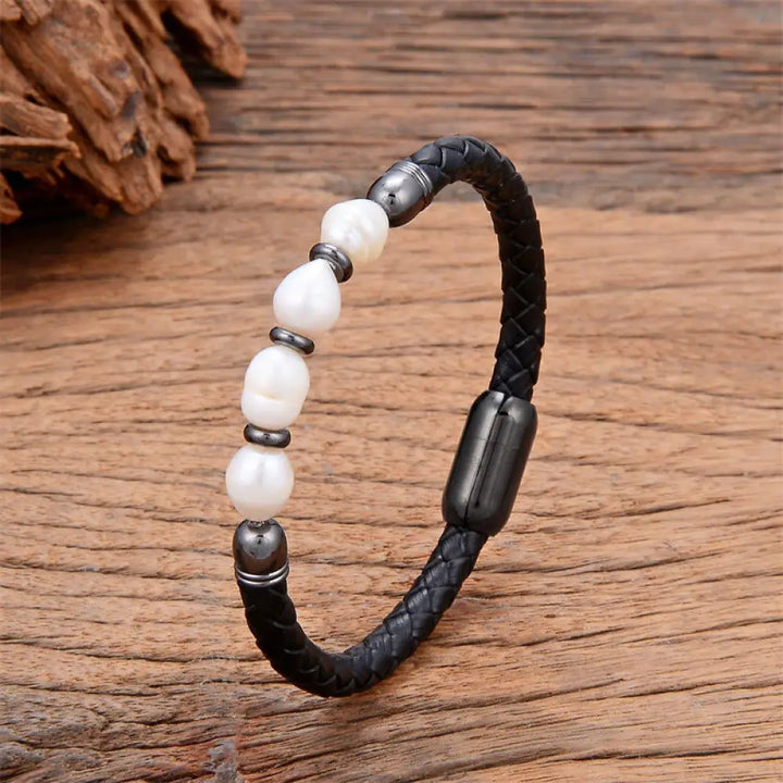 Buddha Stones Handmade Irregular Shaped Pearls Healing Leather Titanium Steel Buckle Bracelet - White Pearl-Black