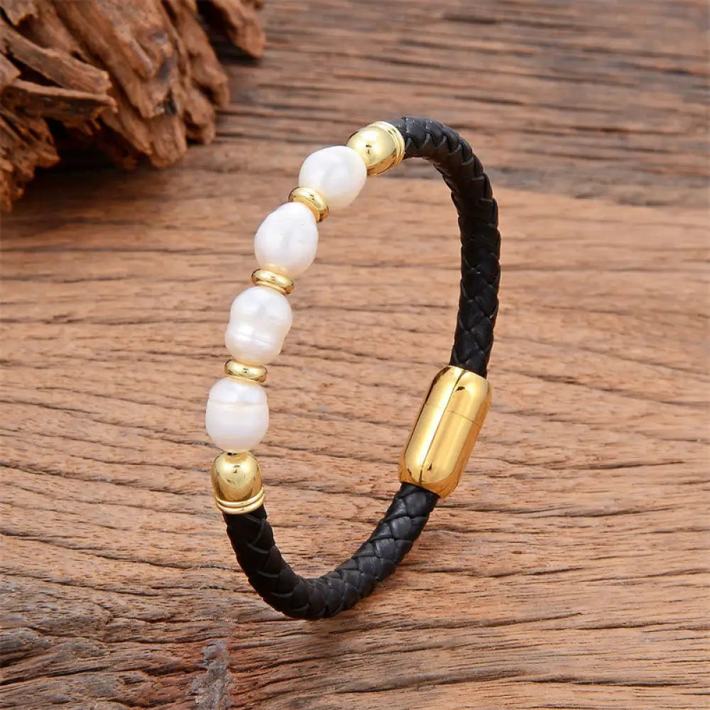 Buddha Stones Handmade Irregular Shaped Pearls Healing Leather Titanium Steel Buckle Bracelet - White Pearl-Gold