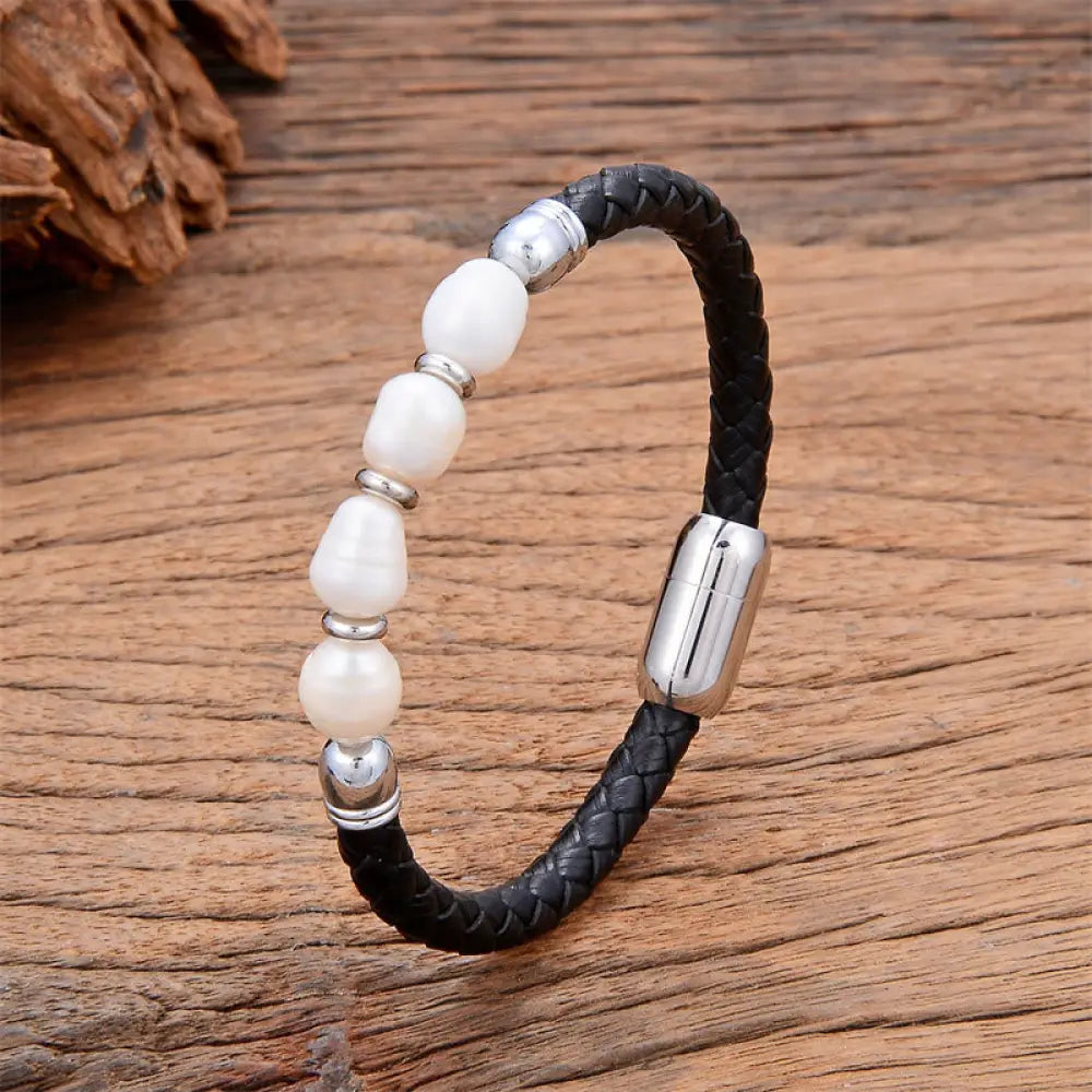 Buddha Stones Handmade Irregular Shaped Pearls Healing Leather Titanium Steel Buckle Bracelet - White Pearl-Silver