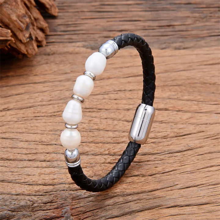 Buddha Stones Handmade Irregular Shaped Pearls Healing Leather Titanium Steel Buckle Bracelet - White Pearl-Silver
