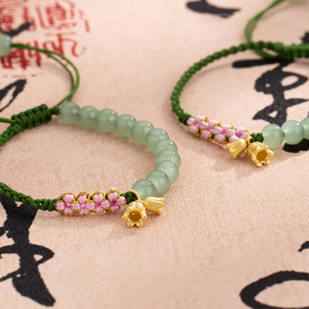 BWOOOH Handmade Jade Bead Lily of the Valley Charm Luck Braided Bracelet - Lily of the Valley - Bracelet