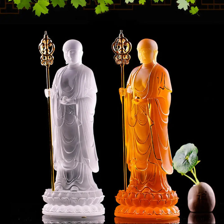 BWOOOH Handmade Ksitigarbha Bodhisattva Figurine Liuli Crystal Art Piece Serenity Statue Home Decoration