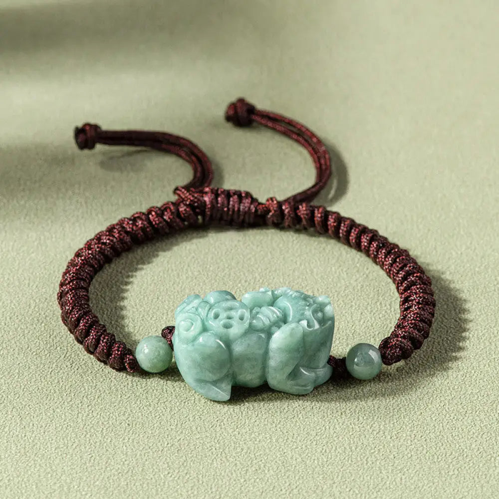 BWOOOH Handmade Natural Jade PiXiu Protection King Kong Knot Braided String Bracelet - Jade PiXiu Brown(Bracelet