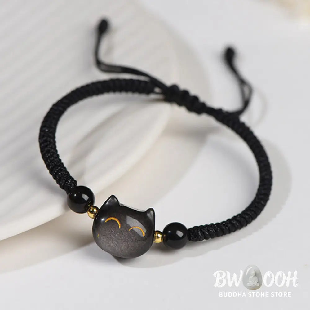 Buddha Stones Handmade Natural Silver Sheen Obsidian Strawberry Quartz Cute Cat Protection Braided Bracelet - BWOOOH