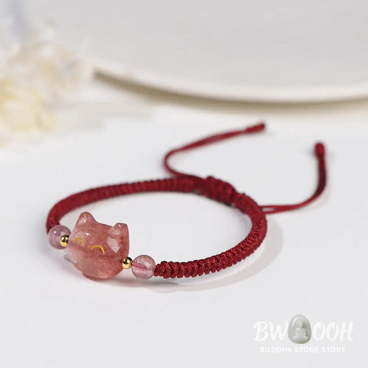 Buddha Stones Handmade Natural Silver Sheen Obsidian Strawberry Quartz Cute Cat Protection Braided Bracelet - BWOOOH
