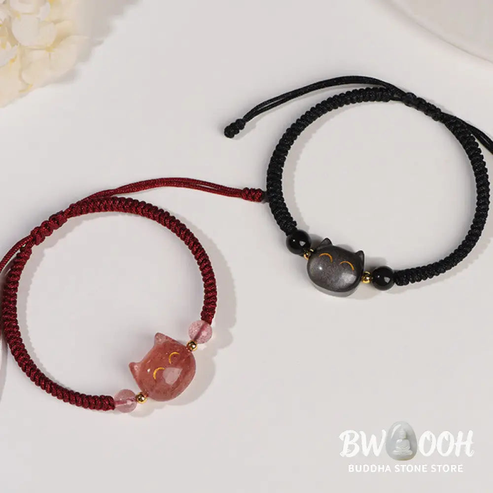 Buddha Stones Handmade Natural Silver Sheen Obsidian Strawberry Quartz Cute Cat Protection Braided Bracelet - BWOOOH
