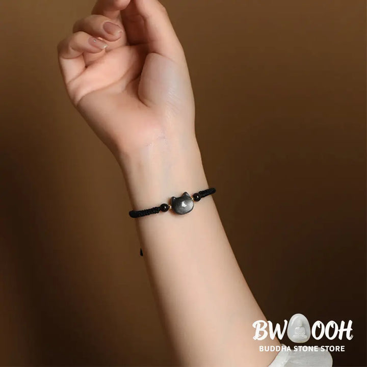 Buddha Stones Handmade Natural Silver Sheen Obsidian Strawberry Quartz Cute Cat Protection Braided Bracelet - BWOOOH