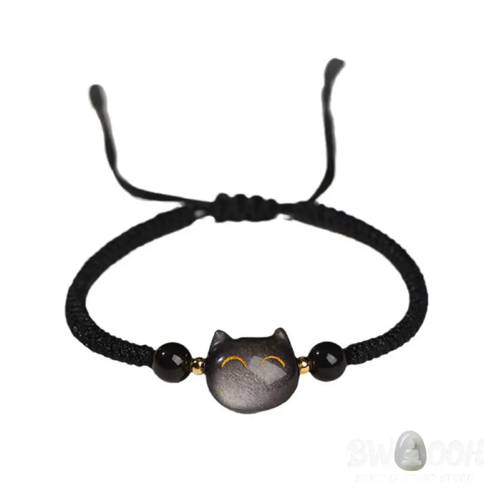 Buddha Stones Handmade Natural Silver Sheen Obsidian Strawberry Quartz Cute Cat Protection Braided Bracelet - BWOOOH