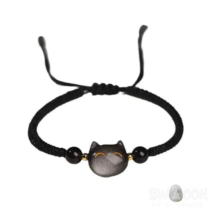 Buddha Stones Handmade Natural Silver Sheen Obsidian Strawberry Quartz Cute Cat Protection Braided Bracelet - BWOOOH