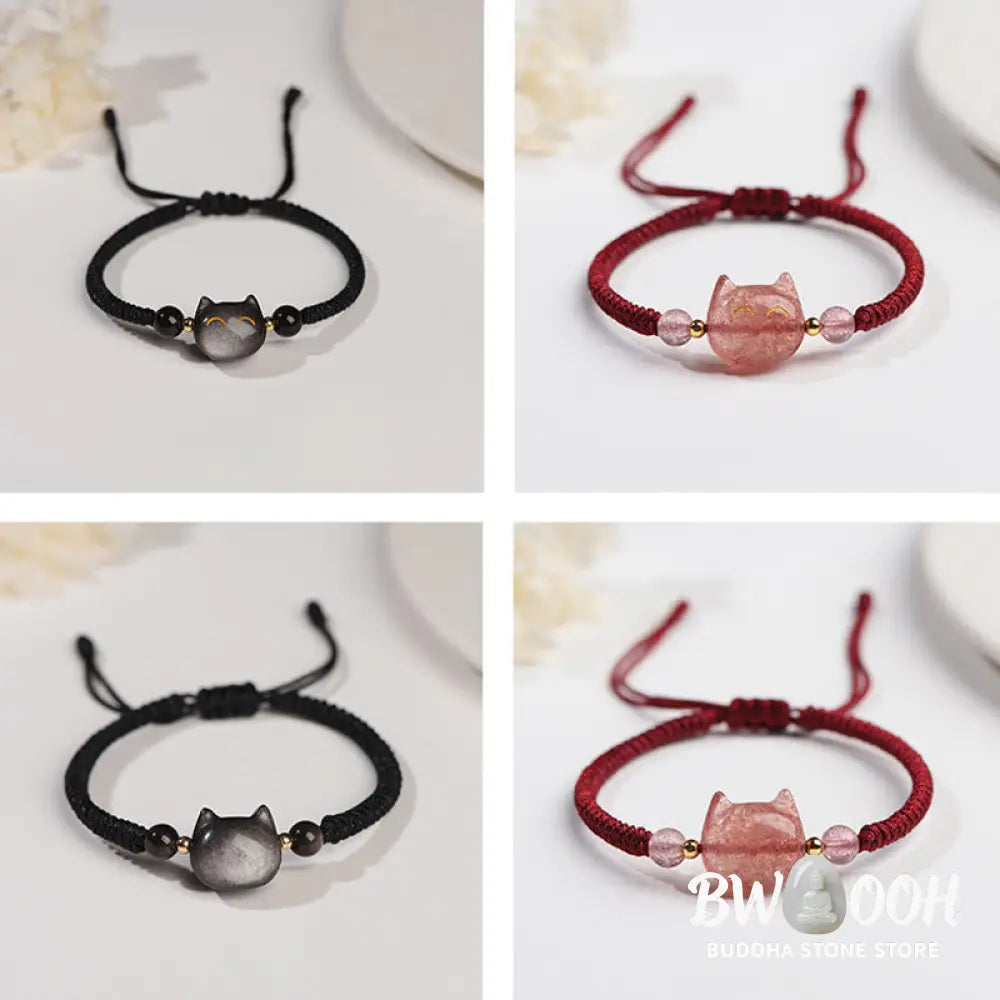 Buddha Stones Handmade Natural Silver Sheen Obsidian Strawberry Quartz Cute Cat Protection Braided Bracelet - BWOOOH
