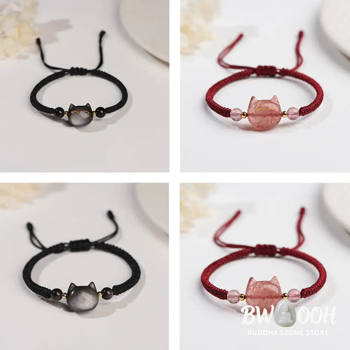 Buddha Stones Handmade Natural Silver Sheen Obsidian Strawberry Quartz Cute Cat Protection Braided Bracelet - BWOOOH