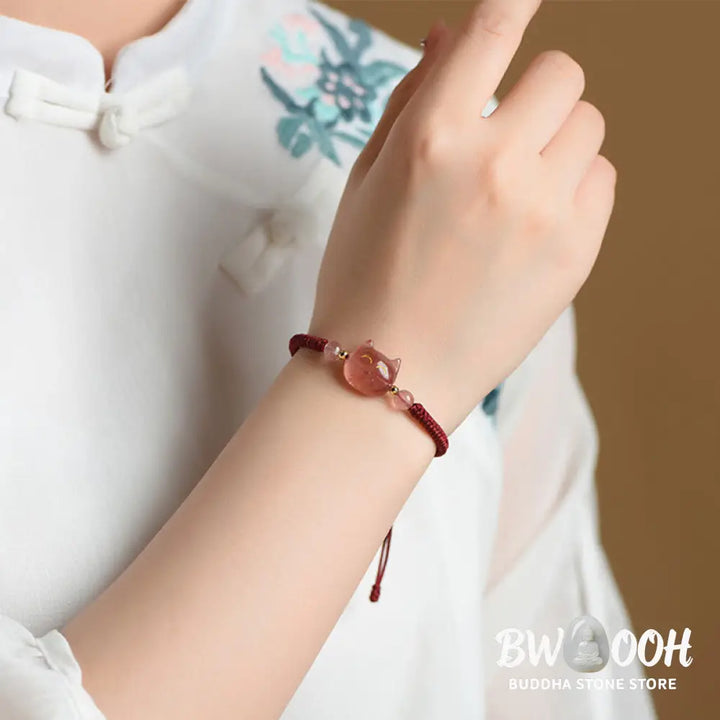 Buddha Stones Handmade Natural Silver Sheen Obsidian Strawberry Quartz Cute Cat Protection Braided Bracelet - BWOOOH
