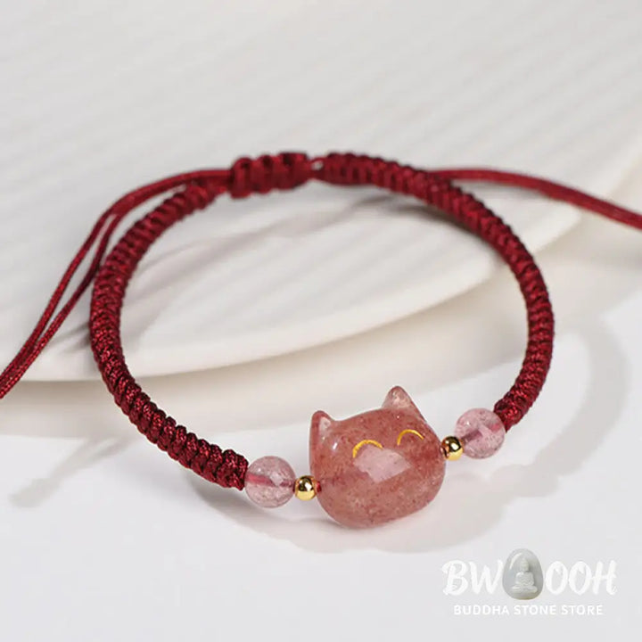 Buddha Stones Handmade Natural Silver Sheen Obsidian Strawberry Quartz Cute Cat Protection Braided Bracelet - BWOOOH