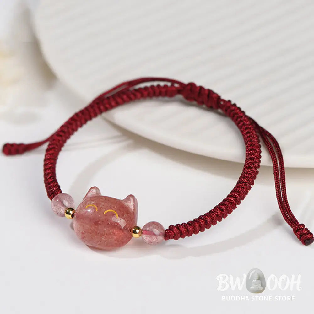 Buddha Stones Handmade Natural Silver Sheen Obsidian Strawberry Quartz Cute Cat Protection Braided Bracelet - BWOOOH