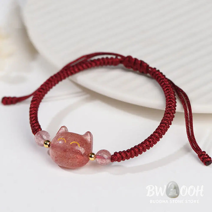 Buddha Stones Handmade Natural Silver Sheen Obsidian Strawberry Quartz Cute Cat Protection Braided Bracelet - BWOOOH