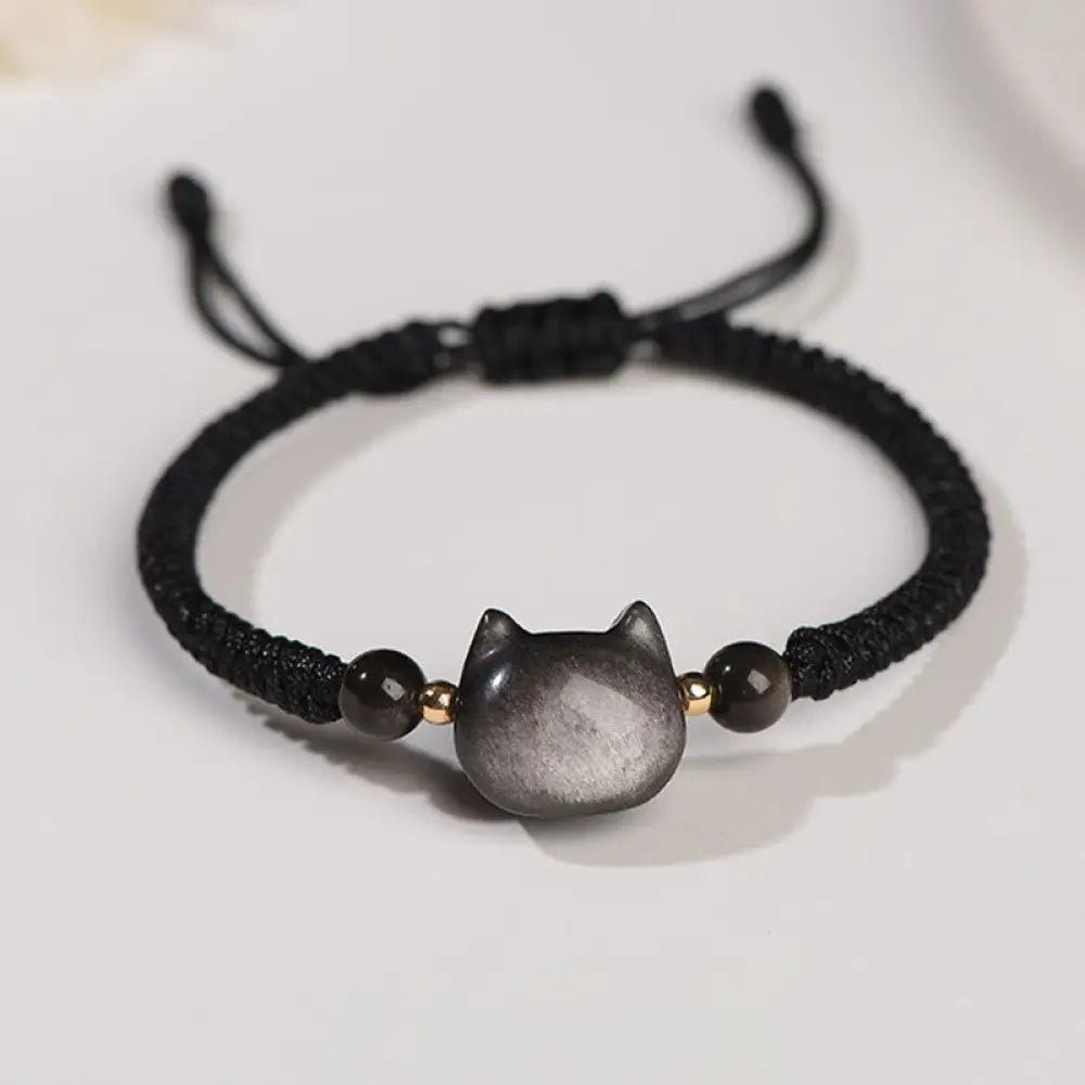 Buddha Stones Handmade Natural Silver Sheen Obsidian Strawberry Quartz Cute Cat Protection Braided Bracelet - BWOOOH