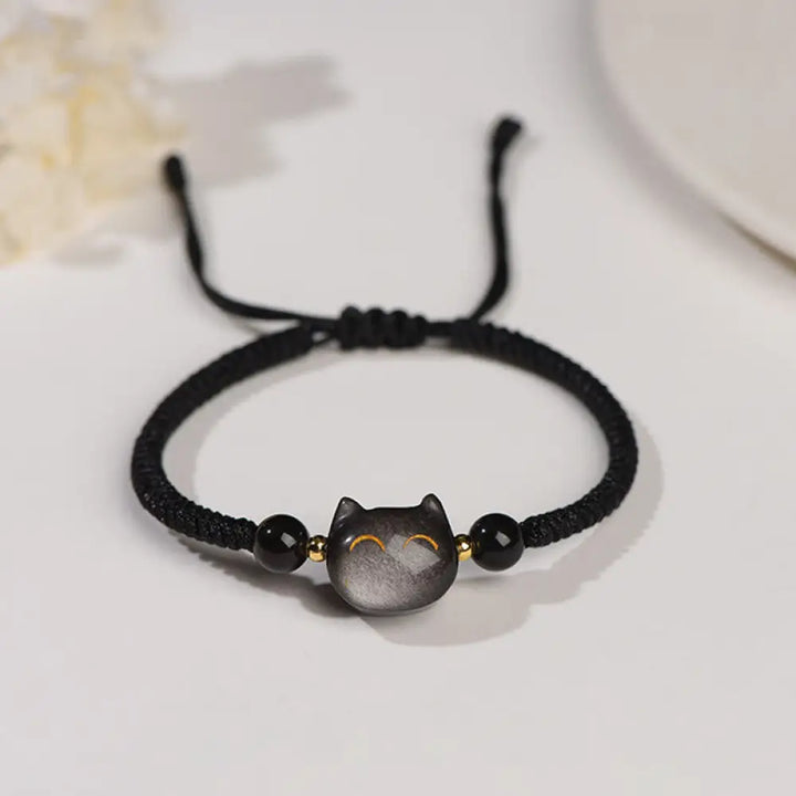 BWOOOH Handmade Natural Silver Sheen Obsidian Strawberry Quartz Cute Cat Protection Braided Bracelet – Obsidian and Silver protection bracelet for healing and spiritual wellness