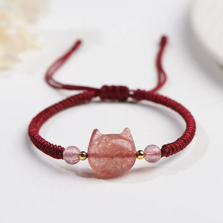 Buddha Stones Handmade Natural Silver Sheen Obsidian Strawberry Quartz Cute Cat Protection Braided Bracelet - BWOOOH
