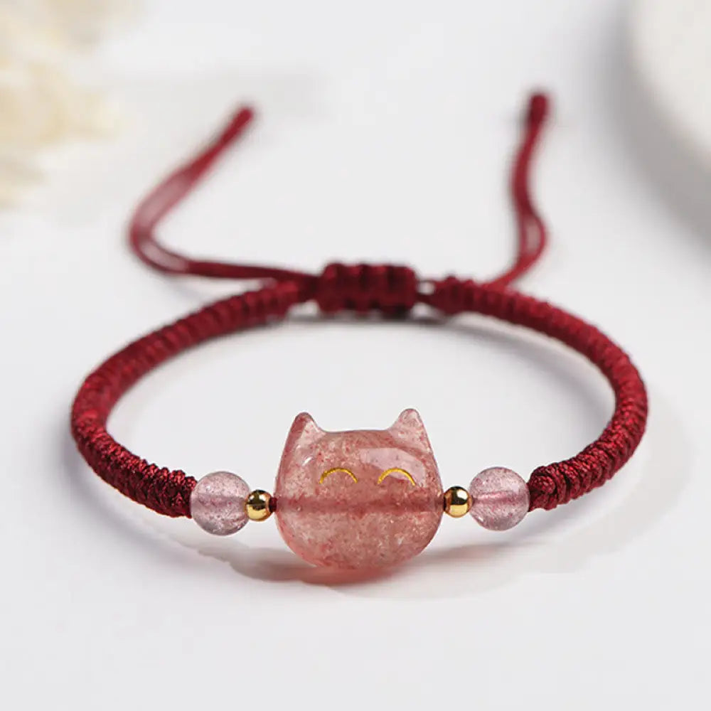 Buddha Stones Handmade Natural Silver Sheen Obsidian Strawberry Quartz Cute Cat Protection Braided Bracelet - BWOOOH