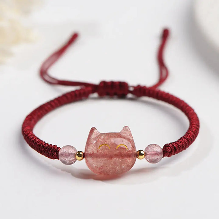 Buddha Stones Handmade Natural Silver Sheen Obsidian Strawberry Quartz Cute Cat Protection Braided Bracelet - BWOOOH