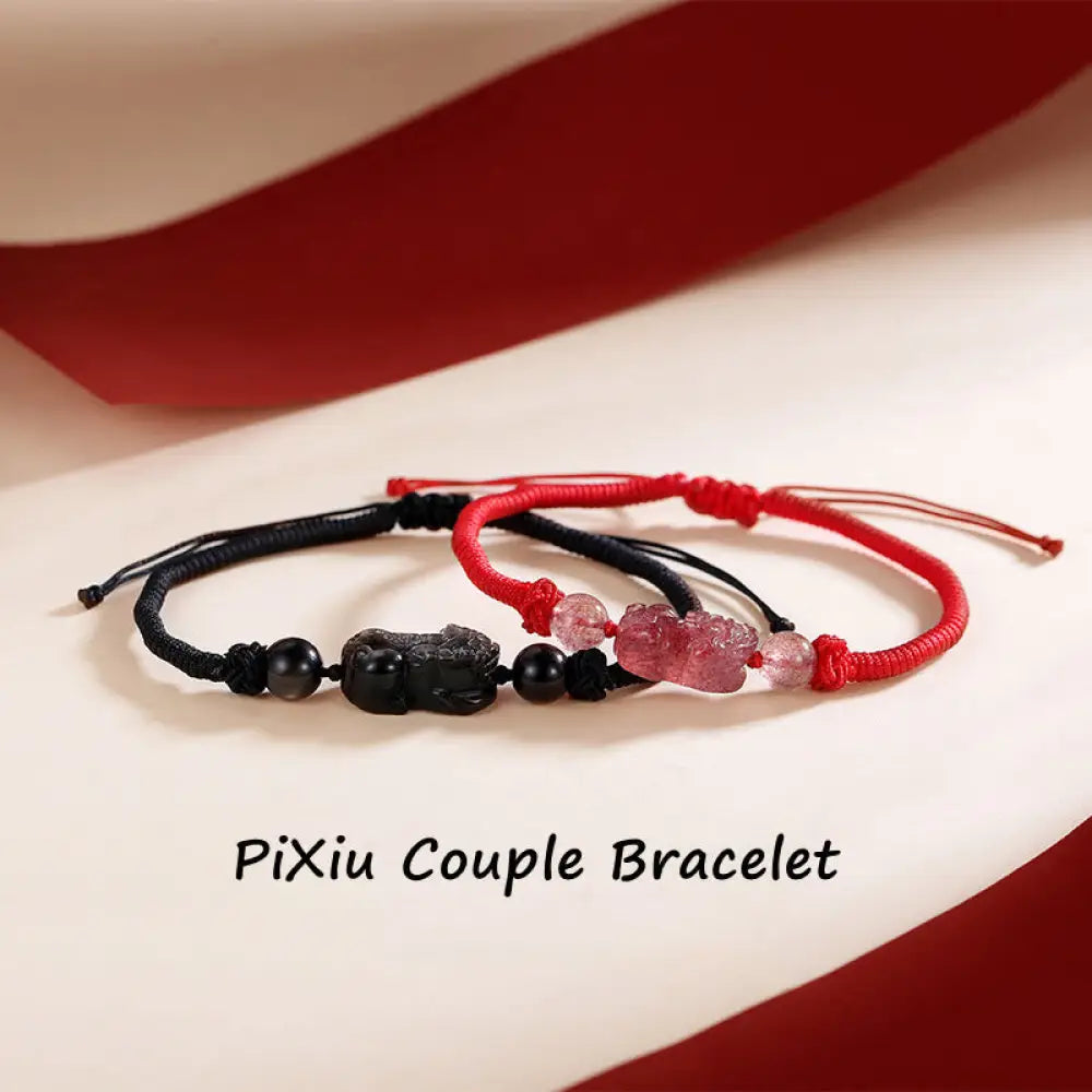 BWOOOH Handmade Natural Silver Sheen Obsidian Strawberry Quartz PiXiu Protection Braide | spiritual healing bracelet