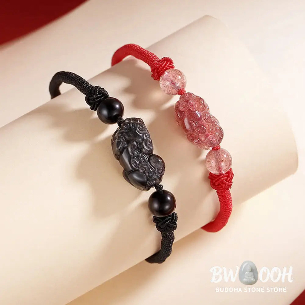 BWOOOH Handmade Natural Silver Sheen Obsidian Strawberry Quartz PiXiu Protection Braide | spiritual healing bracelet