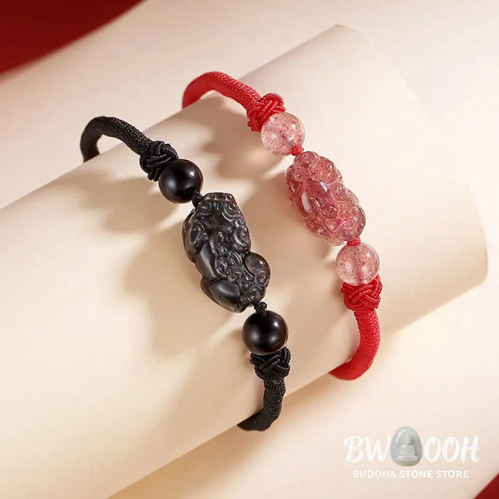 BWOOOH Handmade Natural Silver Sheen Obsidian Strawberry Quartz PiXiu Protection Braide | spiritual healing bracelet