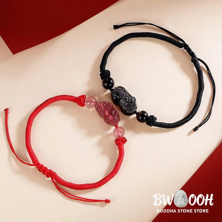 BWOOOH Handmade Natural Silver Sheen Obsidian Strawberry Quartz PiXiu Protection Braide | spiritual healing bracelet